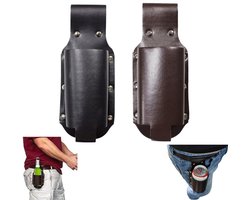 2-delige set – Biertas van PU-leer – Heuptas voor bierflessen – Draagbare flessenhouder – Drankrek voor buiten – Heupmodel – Bruin en zwart – 21,5 x 8,5 cm – Geschikt voor feestjes, barbecues en kamperen