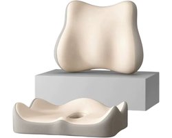 2-delige Set Ergonomische Memory Foam Rugkussens – Lumbar Rugsteun voor Autostoel en Bureaustoel, Ondersteuning Onderug, Rugpijn Verlichting & Comfort Kussen - Beige