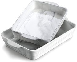 2-delige set Hoekig Marmer porselein bakvorm ovenschaal cakevorm broodbakvorm bakset bakschaal ovenvorm met handvat in 2 matten, 2200/3200 ml