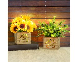 2-Delige Set Kunstplanten Binnen met LED Verlichting - Eucalyptus en Zonnebloem in Houten Pot