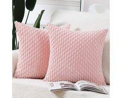 2-delige set Kussenhoezen - Boho gestreept, decoratief, van zacht ribfluweel - Voor slaapkamer en bank - Lichtroze 45 x 45 cm
