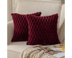 2-delige set Kussenhoezen - Superzacht Pluche Wollen Fluweel - Decoratief voor Bank Bed Woonkamer - Wijnrood 55 x 55 cm