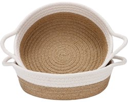 2-delige set opbergmanden van katoenen touw — Kleine geweven mandjes (10 x 3 inch), stoffen schalen/bakjes/ronde open containers — Ideaal voor het opbergen van fruit, sieraden, sleutels en naaigerei (Linnen & Wit)