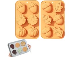 2-delige set – Siliconen chocoladevorm – Snoepvorm – Kaarsvorm – Thanksgiving-vorm – Pompoen, kalkoen, dennenappel, herfstbladvorm – Geel – 27 x 17 cm – Geschikt voor thuis bakken van taarten, fondant, klei, zeep maken en doe-het-zelf decoraties