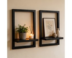 2-delige set zwarte zwevende wandplanken — Houten wandrekken in vintage-stijl | Moderne zwevende planken — Ideaal voor slaapkamers, woonkamers en badkamers | Ruimtebesparende opbergplanken voor decoratie, planten, foto's, woonorganisatie en styling