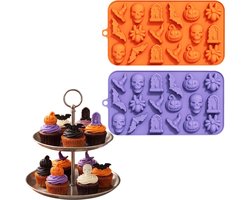 2-delige siliconen chocoladevorm voor Halloween - 18 gaten - snoepvorm - ijsblokjesvorm - 20,5*1,5*11,4 cm - zelf desserts maken - oranje, paars