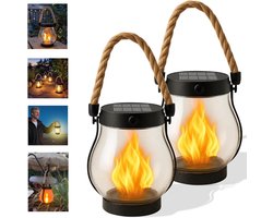2-delige Solar Lantaarn Buitenverlichting - 12×13cm - Dancing Flame Solar Lantaarn Buitenverlichting - Hennep Touw Vlam Lantaarns - Geschikt voor Camping, Terrassen, Tuinen, Patio's, Veranda's, Tuindecoraties - Zwart