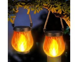 2-delige Solar Lantaarn Buitenverlichting - 12×13cm - Dancing Flame Solar Lantaarn Buitenverlichting - Hennep Touw Vlam Lantaarns - Geschikt voor Camping, Terrassen, Tuinen, Patio's, Veranda's, Tuindecoraties - Zwart