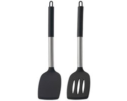 2-delige spatelset, antiaanbaklaag, siliconen handvat, hittebestendig, BPA-vrij, geschikt voor het bakken van vis, eieren en pannenkoeken (zwart).