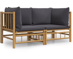 2-delige Tuinhoekbank met Kussens - Bamboe Natuur - Donkergrijs - Modulaire Loungeset voor Buiten - Duurzaam Tuinmeubilair