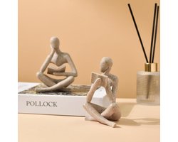 2-delige Zandsteenkleurig Beeld Van Een Lezer, Modern Abstract Esthetisch Beeldhouwwerk, Beeld Van Een Denker Van Hars, Woondecoratie, Ornament Voor in De Woonkamer, Studeerkamer, Boekenplank of Tafelblad, Contemplatief Beeld En Beeld Van Een Lezer
