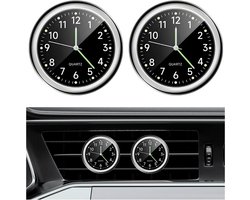 2-delige zelfklevende dashboardklok voor auto, mini verlichte autoklok met geventileerde klem en quartz uurwerk, waterdichte analoge klok van legering, universeel voor auto's, boten, fietsen, thuis, auto-interieuraccessoires (zwart + zwart)
