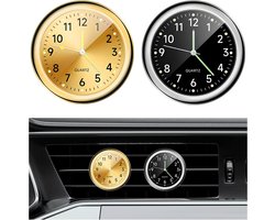 2-delige zelfklevende dashboardklok voor auto, mini verlichte autoklok met geventileerde klem en quartz uurwerk, waterdichte analoge klok van legering, universeel voor auto's, boten, fietsen, thuis, auto-interieuraccessoires (zwart + goud)