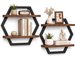 2-delige Zeshoekige Wandplank Hout en Metaal Wandrek Wanddecoratie Opbergrek voor Woonkamer Slaapkamer Hal Planten Bloemen Vazen Decoratie Modern Minimalistisch