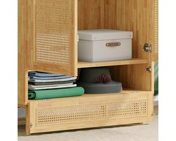 2-Deurs Kledingkast met Kledingroede en Extra Opbergruimte – Slaapkamer en Woonkamer Kast met Onderste Flip Top Lid – Natuurlijk Rotan Look, Spaanplaat + PE Rotan, Modern Art Deco Design –