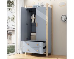 2-deurs kleerkast, Kleerkast met kleerhangstang, 2 lades, geschikt voor slaapkamer, woonkamer, hal, gemaakt van spaanplaat, blauwe kast + vuren frame, 90×45×180cm