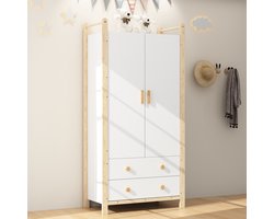 2-deurs kleerkast, Kleerkast met kleerhangstang, 2 lades, geschikt voor slaapkamer, woonkamer, hal, gemaakt van spaanplaat, blauwe kast + vuren frame, 90×45×180cm- Wit