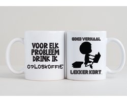 2 Grappige koffiemokken - Oploskoffie + Goed verhaal lekker kort