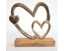 2 Harten op een houten voet - Goud / bruin - 19 x 5 x 19 cm hoog.