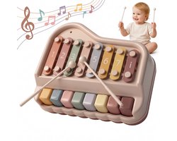 2-in-1 Baby Xylofoon & Piano Speelgoed - Educatief Muziekinstrument voor Baby's en Peuters vanaf 6 Maanden - Met 8 Toetsen, 8 Kleuren, Nummers en 2 Stokjes - Helder Geluid - Ontwikkeling van Motoriek & Gehoor - Khaki