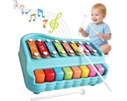 2-in-1 Baby Xylofoon & Piano Speelgoed - Educatief Muziekinstrument voor Baby's en Peuters vanaf 6 Maanden - Met 8 Toetsen, 8 Kleuren, Nummers en 2 Stokjes - Helder Geluid - Ontwikkeling van Motoriek & Gehoor - Blauw