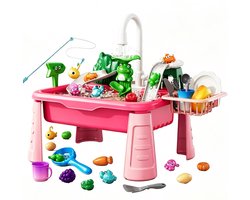 2-in-1 elektrische keukenwasser speelgoed - voor peuters van 3-8 jaar - Multifunctionele watertafel met stromend water en waterpomp - Vismetspel, keukenrollenspel, met accessoires voor eten en servies, verjaardagscadeau voor jongens en meisjes - geel