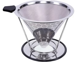 2-in-1 Herbruikbare Koffiefilter RVS - Nieuw model - Milieuvriendelijke Koffiefilter Houder 1x4 - Koffiefilter permanent - Koffie Dripper - Roestvrij Staal - Camping - Barista - Espresso