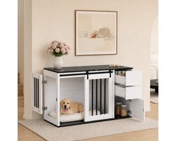 2-in-1 Hondenbench Meubeldesign - Hout-metaal constructie - Als bijzettafel - Voor kleine tot middelgrote honden - 140x60x87 cm - Witte kleur met zwart marmerlook tafelblad