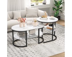 2-in-1 in elkaar passende salontafel, set van 2, moderne salontafel met marmerpatroon, ovale vorm, salontafel voor woonkamer, balkon en kantoor, bijzettafelset met metalen frame (wit + zwart)