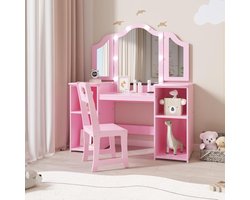2-in-1 Kinder Kaptafel & Bureau - Met LED Verlichting & Stoel - Drieluik Spiegel - 4 Opbergvakken - Scandinavisch Design - Roze