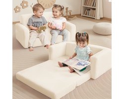 2-in-1 Kinder Slaapbank en Fauteuil – Extra Brede Ombouwbare Kinderstoel met Afneembare Bekleding en Zijvakjes – Voor Meisjes en Jongens – Beige