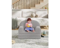 2-in-1 Kinderbankje & Slaapbank - Uitklapbaar - Zachte Teddy Stof (Sherpa) - Comfortabel Kindermeubel voor Lezen en Slapen - Grijs
