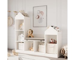2-in-1 kinderboekenkast en speelgoedopberger - Speelgoedkast met 8 vakken en zitkussen - Voor kinderkamer / slaapkamer - Wit - 121 x 30 x 108 cm