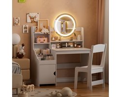 2-in-1 Kinderkaptafelset met LED-spiegel en kruk – Houten kaptafel voor meisjes met opbergruimte, boekenplank en kast – Witte kinderkaptafel voor kinderen van 3-8 jaar – Montessori-speelgoed en cadeau-idee HomeByNicole