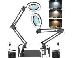 2-in-1 LED Vergrootlamp met Standaard & Klem – Vergrootglas met Licht – Bureaulamp Dimbaar, 3 Kleurmodi – Voor Hobby, Knutselen, Reparatie & DIY – Energieklasse F