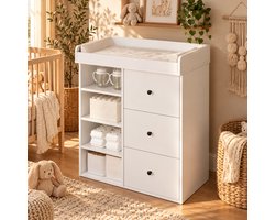 2-in-1 Luiercommode - Kaptafel - Opslagkastje - Commode Kast - Multifunctioneel Ladekast - Verstelbare reling - Met lades - Met open vakken - 82x50x100 cm - Stabiel en duurzaam - Wit