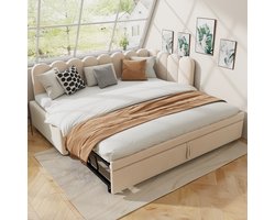 2-in-1 multifunctionele L-vormige slaapbank (90/180 x 200 cm) – Beige fluwelen bekleding – Ruimtebesparend ontwerp – Te gebruiken als opklapbed of logeerbed