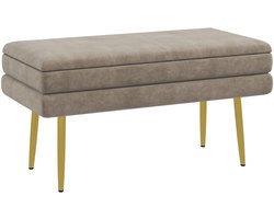 2-in-1 Opbergbank met Fluwelen Look en Stalen Poten - Beige en Goud - 79,5 x 37,5 x 43 cm