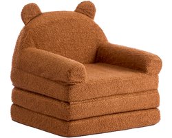 2-In-1 Opvouwbare Kinderbank met Armleuningen, Zachte Bank Gemaakt van 28d Spons en teddyfleece, omvormbare Peuterstoel tot Ligstoel, Ideaal om In te Lezen of te Gamen, Maat Medium, Bruin