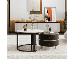 2-in-1 ronde MDF-salontafel, bijzettafel met glanzend blad en 1 wit marmeren blad, salontafelcombinatie in de woonkamer met 2 laden, 70*70*46 + 50*50*40cm