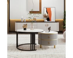 2-in-1 ronde MDF-salontafel, bijzettafel met glanzend blad en 1 wit marmeren blad, salontafelcombinatie in de woonkamer met 2 laden, 70*70*46 + 50*50*40cm