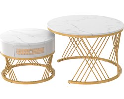 2 in 1 ronde salontafel van MDF, bijzettafel met marmeren blad en kunststof rotan lades, massief houten handgrepen. gouden ijzeren voeten. 70*70*45.5+50*50*38.5cm