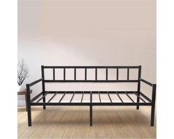 2 in 1 slaapbank met zwart metalen frame | Eenpersoonsbed met boxspring en opbergruimte | 92x212x36 cm
