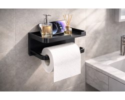 2 in 1 Toiletrolhouder met Opbergplank – Wandmontage zonder boren – Toiletpapier Houder met Telefoonvak – Zwart – Badkamer Organizer - WC rol houder met Telefoonhouder