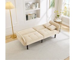 2-in-1 verstelbare slaapbank - tweezits - fluwelen stof - opvouwbare armleuningen en slaapfunctie - beige