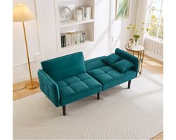 2-in-1 verstelbare slaapbank - tweezits - fluwelen stof - opvouwbare armleuningen en slaapfunctie - blauwgroen