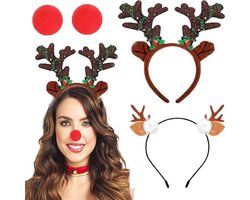 2 Kersthoofdbanden met 2 Clownneuzen, Decoratieve Hoofdbanden voor Kerstfeest en Cosplay, Reindeer Thema voor Kinderen en Volwassenen