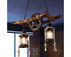 2 Kop Houten Kroonluchter - Vintage Hanglamp - 50 cm- Verstelbaar Ketting - Retro Hanglamp