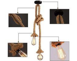 2 koppen vintage (1,5 + 1,5 meter) henneptouw hanglamp E26/E27-fitting, retro henneptouw hanglamp vintage plafondlamp retro stijl voor eetzaal restaurant bar verlichting, 110V