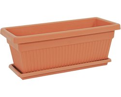 2 Kunststof bloembakken terra cotta met drainage 22L + schaal 60x25cm Kemer Rechthoekige bloempot plantenbak